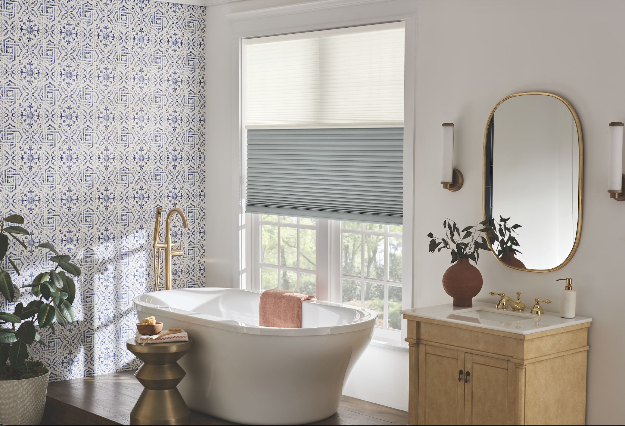Top-down bottom-up cellular shade in a bathroom