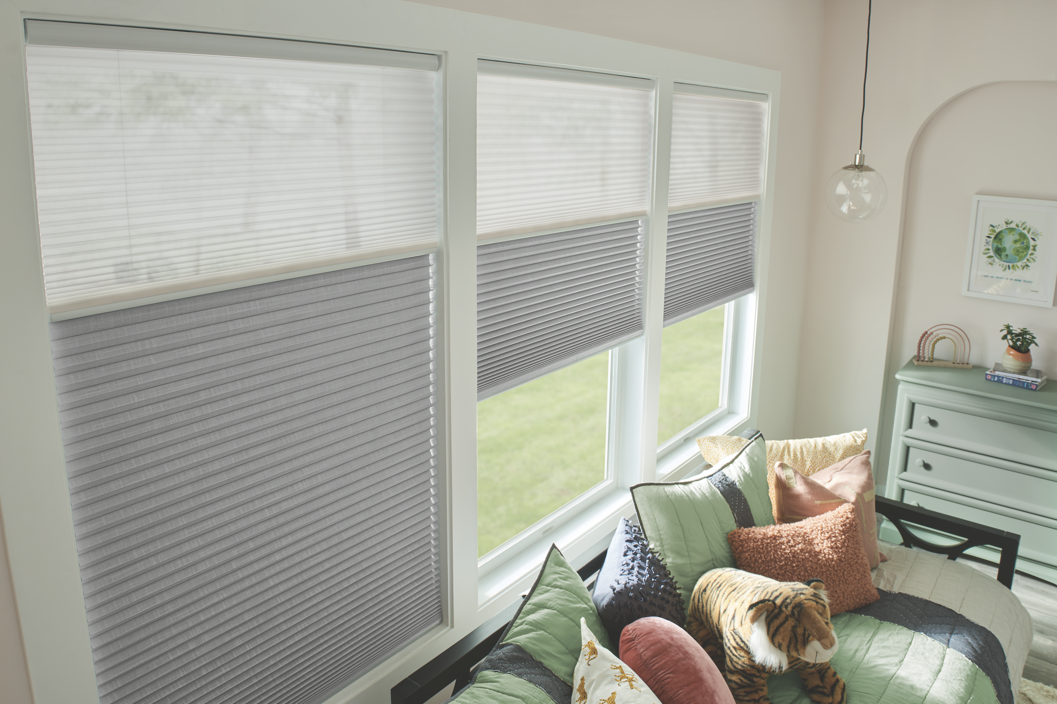 Day-night cellular shades in a child's room