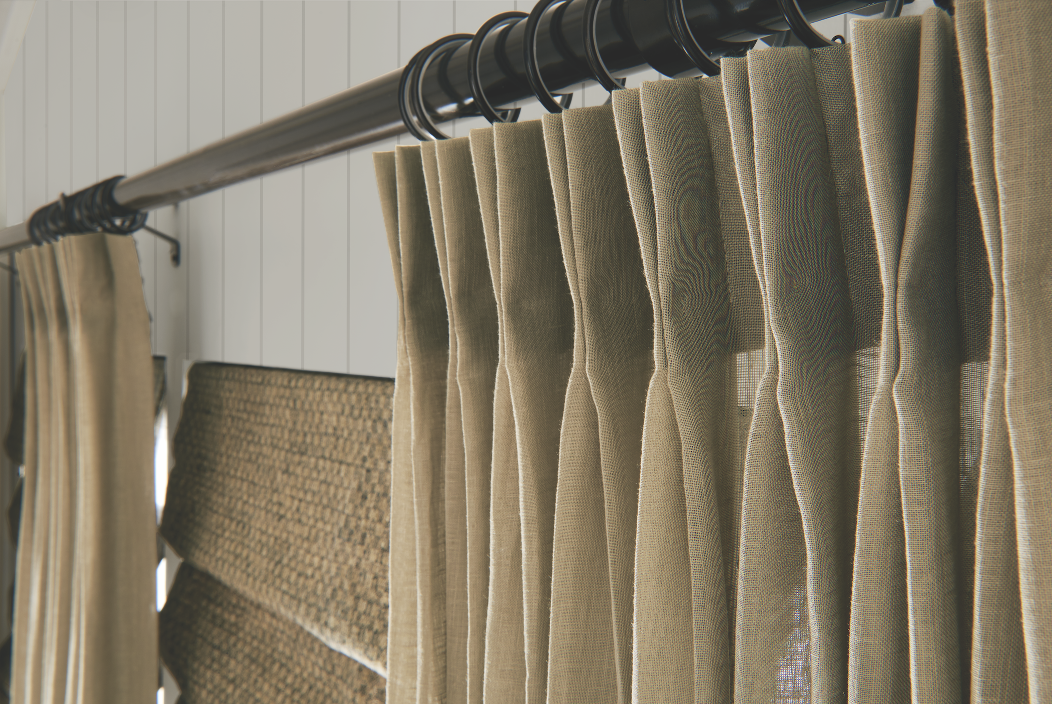 Pinch-pleat linen drapery, close fold detail