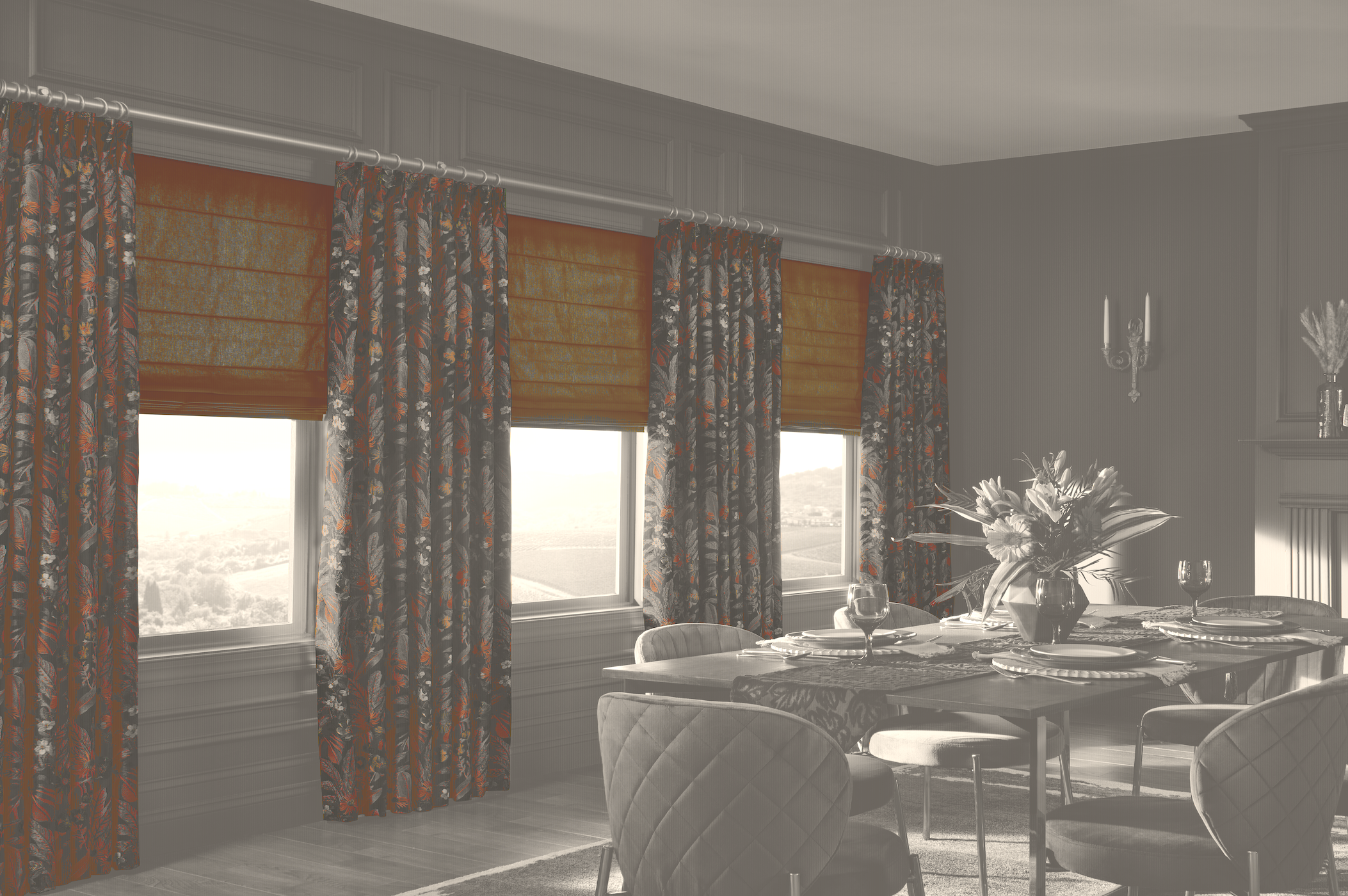 Floral drapery with gold roman shades in a dining room