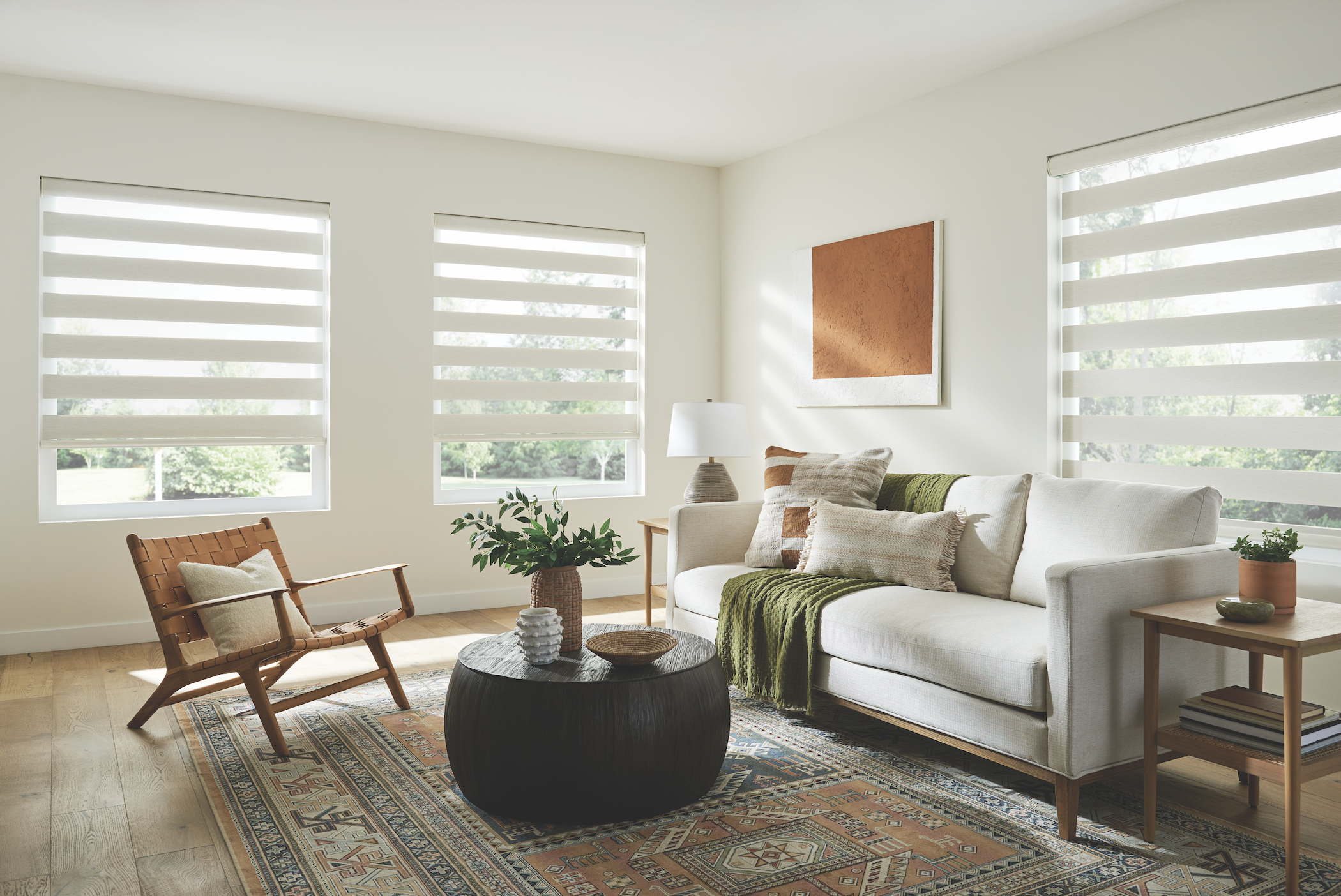 White layered zebra shades in a sunny living room