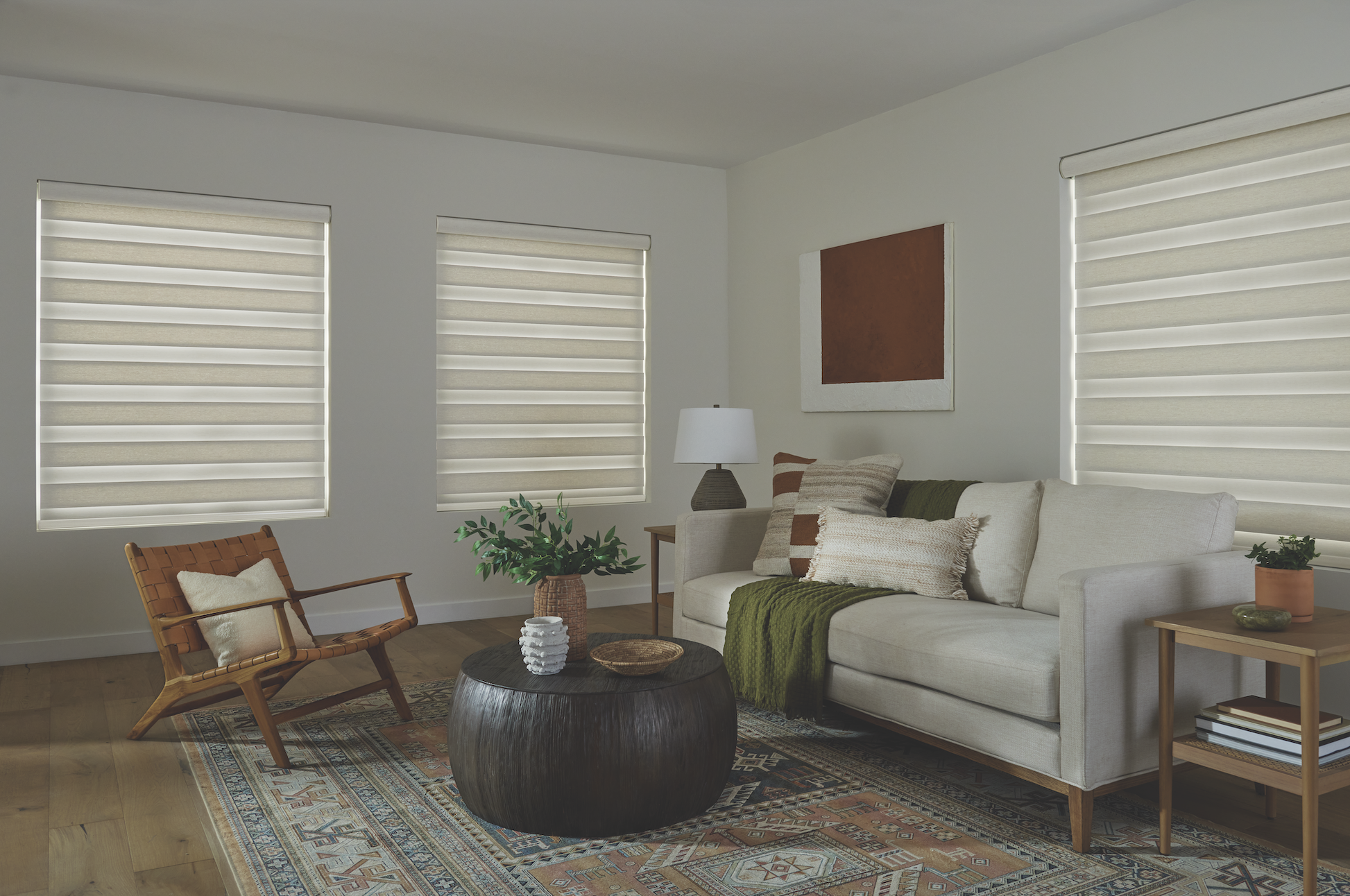 Cream layered zebra shades in a cozy living room