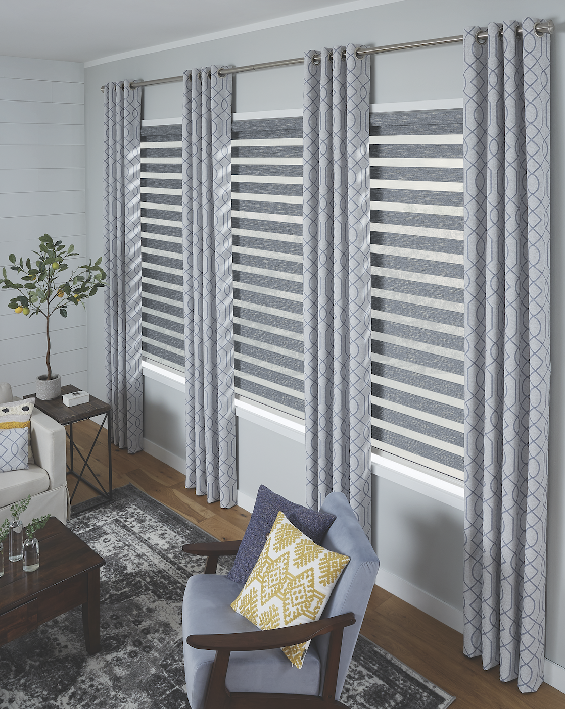Gray layered zebra shades with drapery