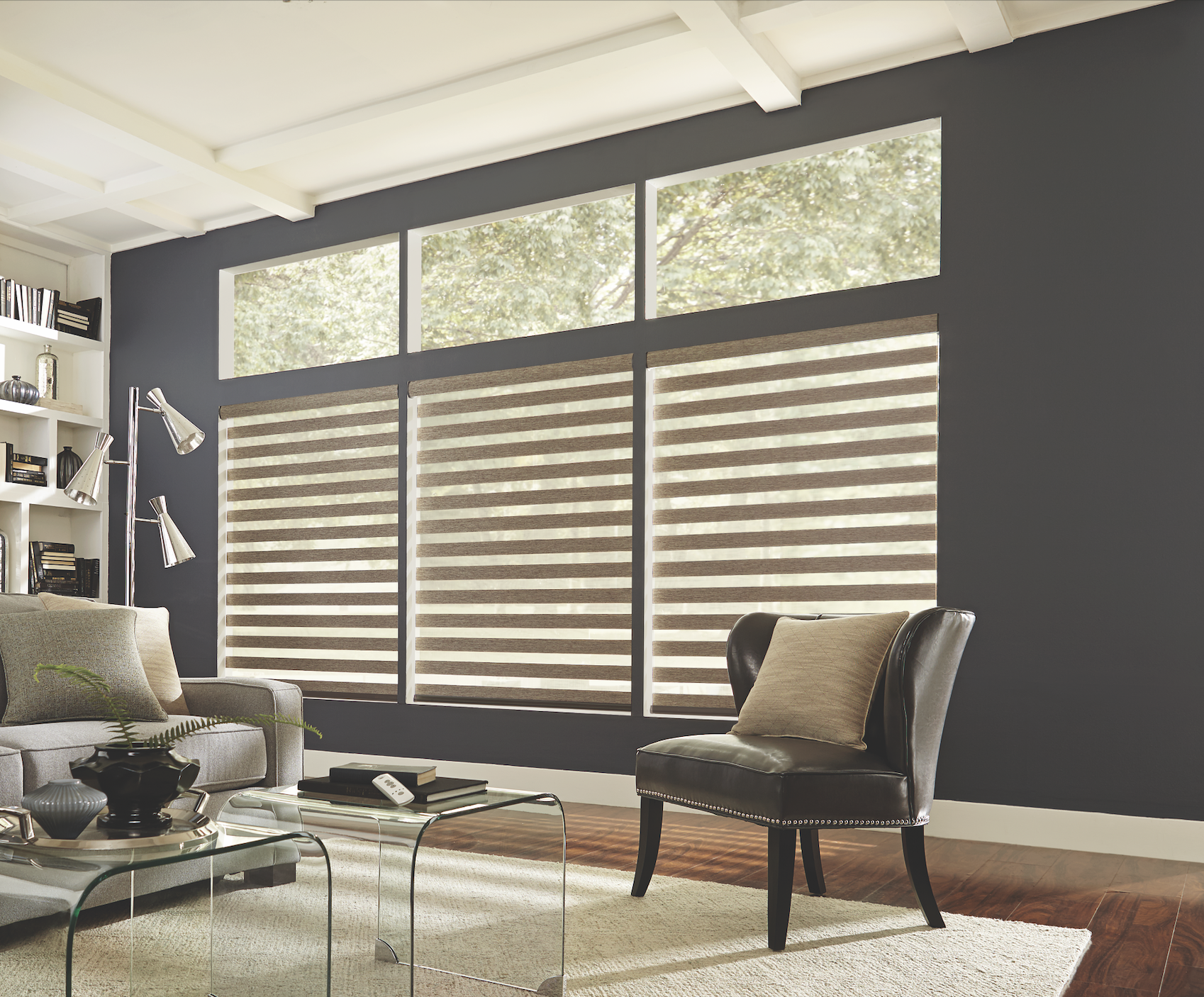 Brown layered zebra shades with transom windows