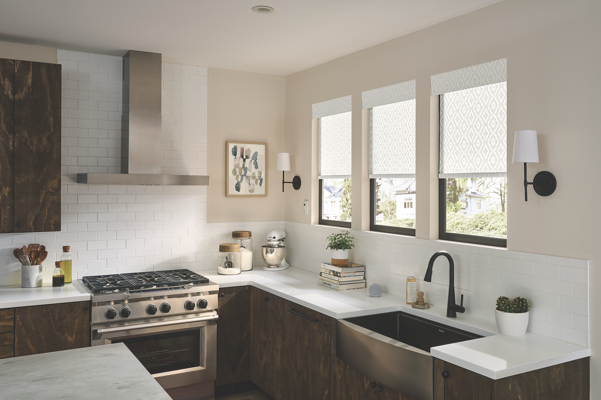 Patterned roller shades in a modern kitchen