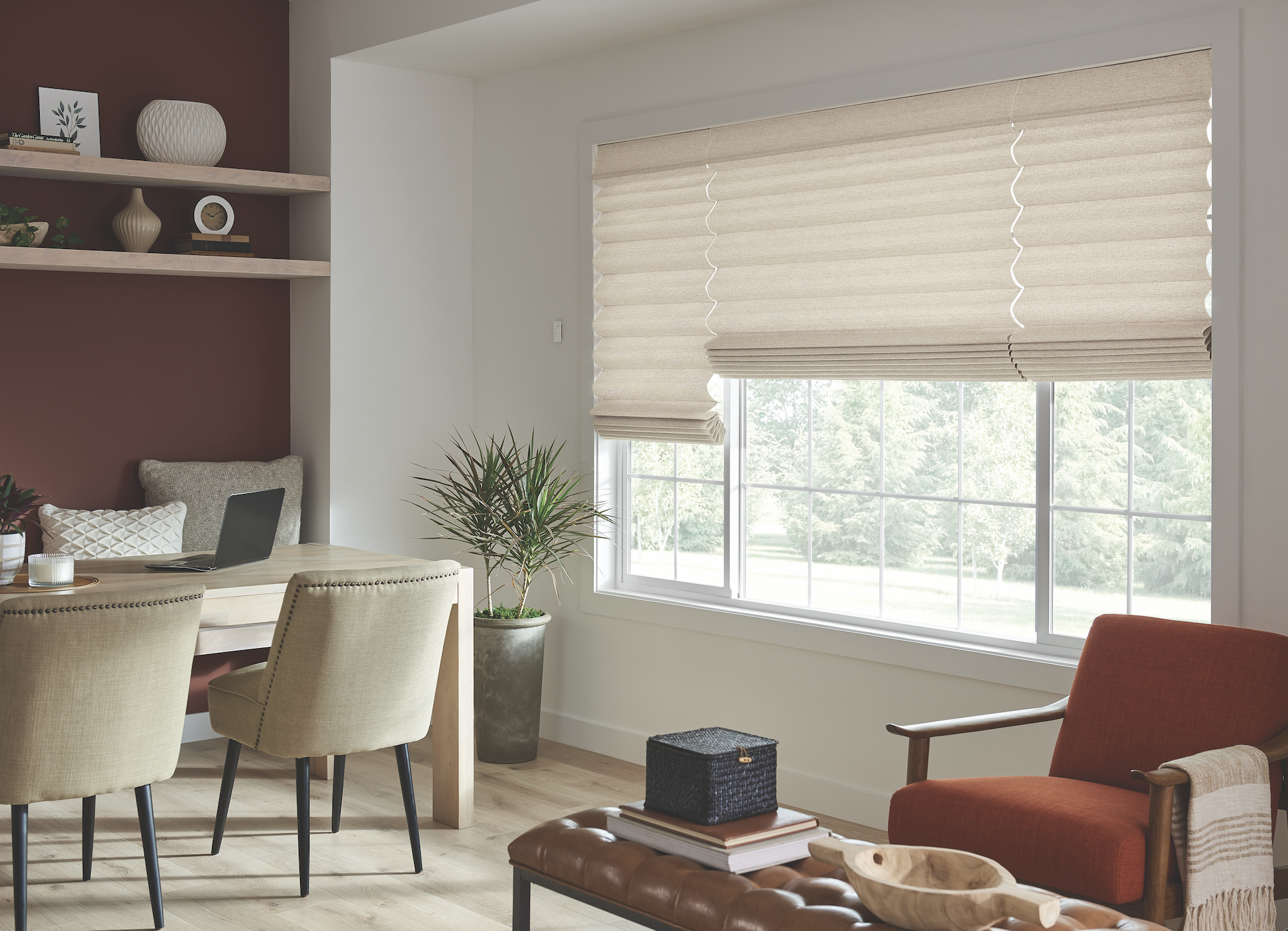 Roman shades in a bedroom