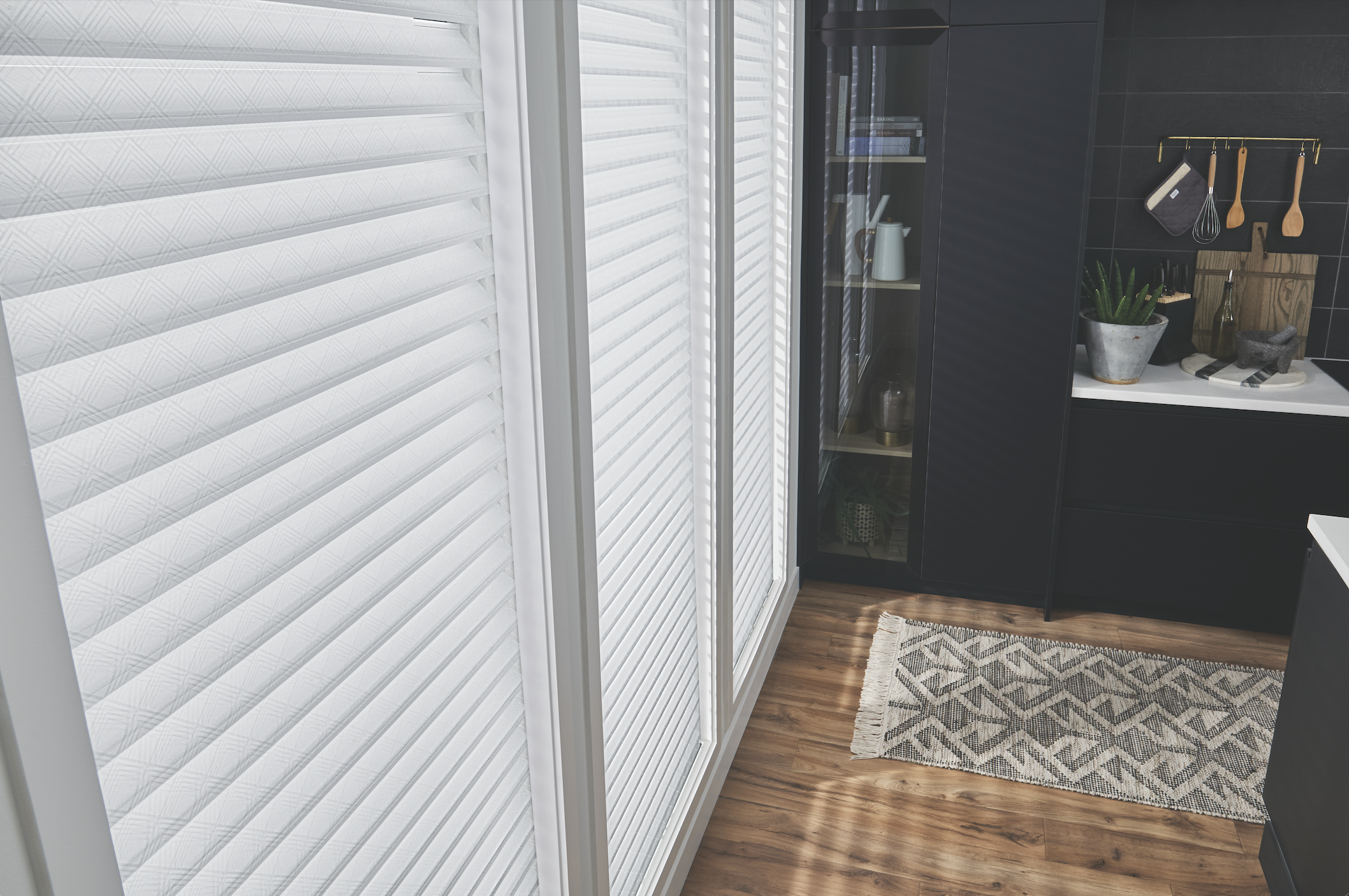White sheer shades, close vane detail