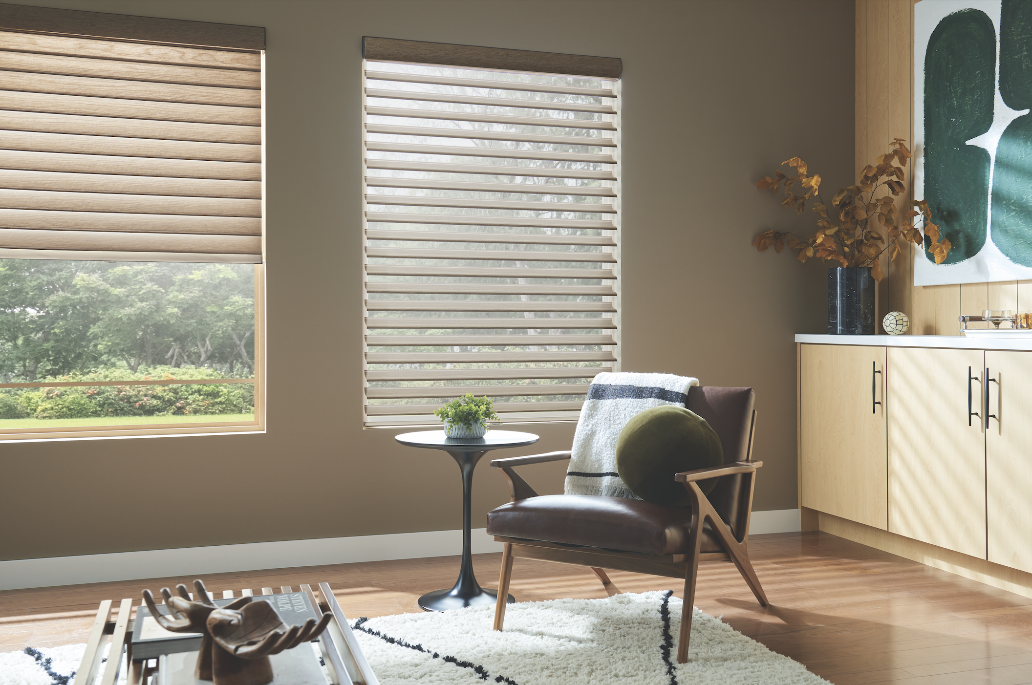 Sheer shades in a warm modern living room