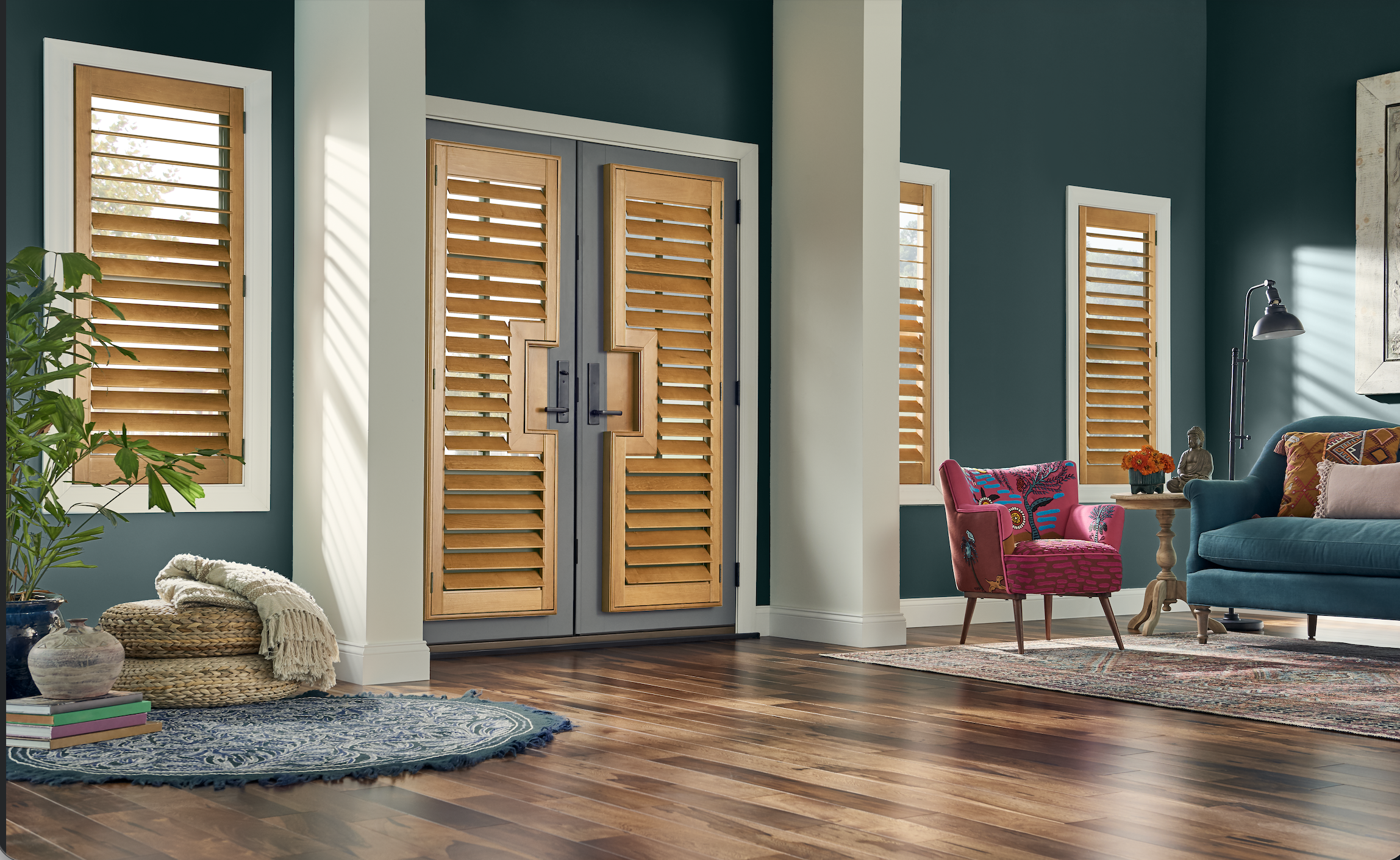 Wood plantation shutters on French doors