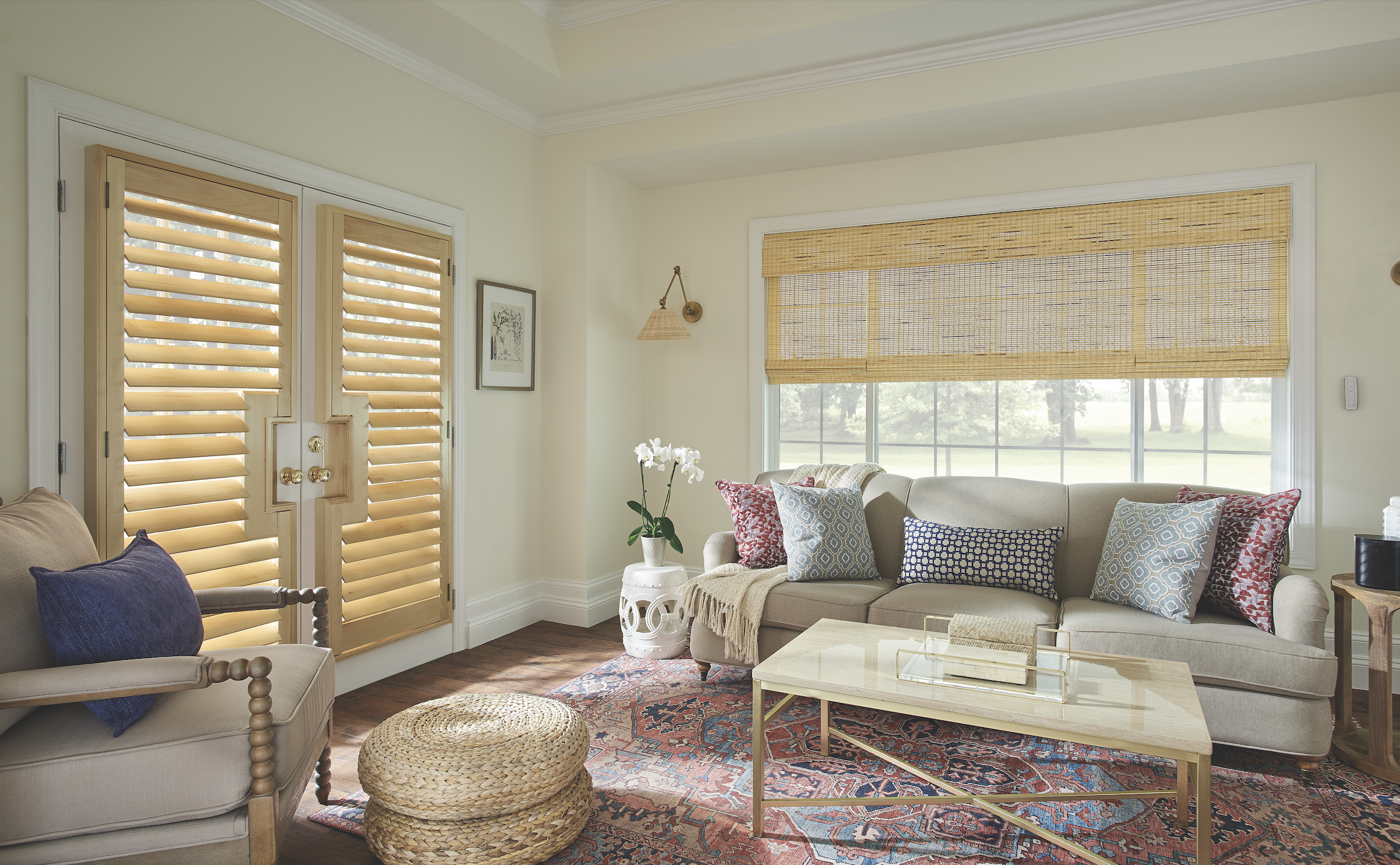 Wood shutters on French doors in a cozy living room
