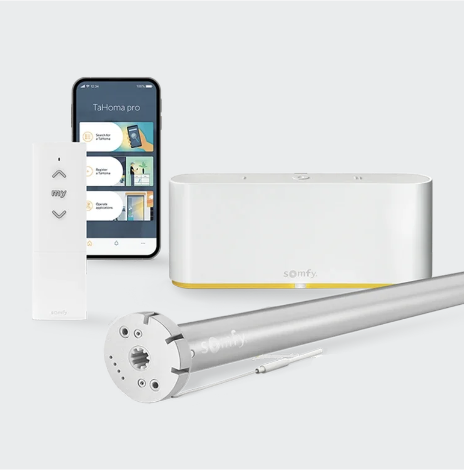 Somfy TaHoma remote, hub and motor for smart motorized shades