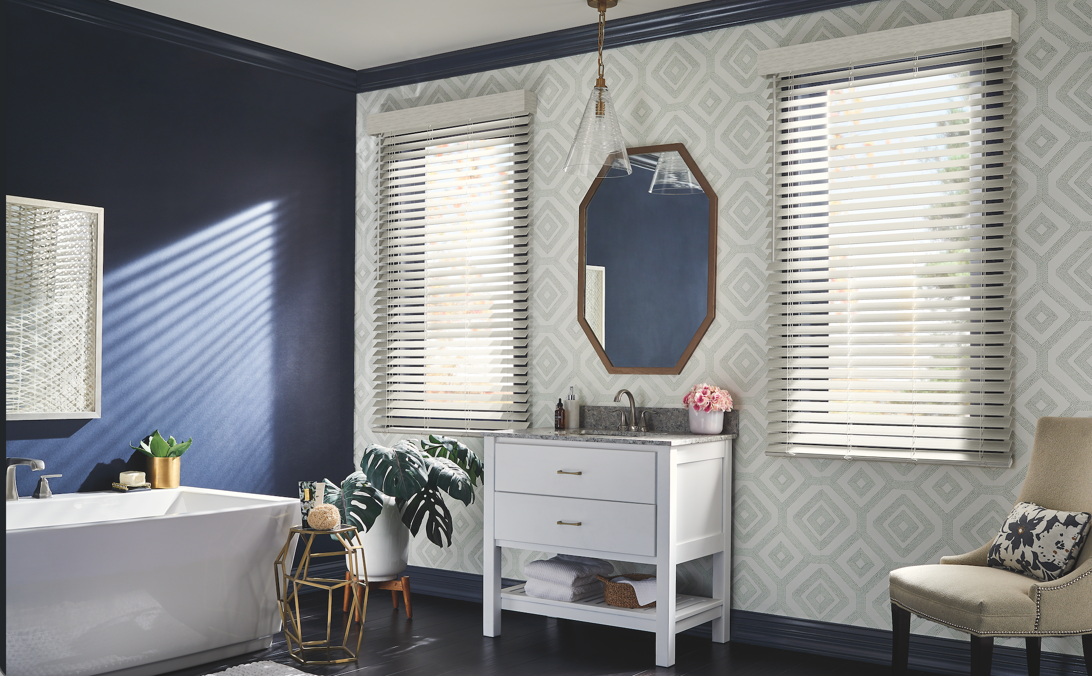 White faux wood blinds in a navy bathroom