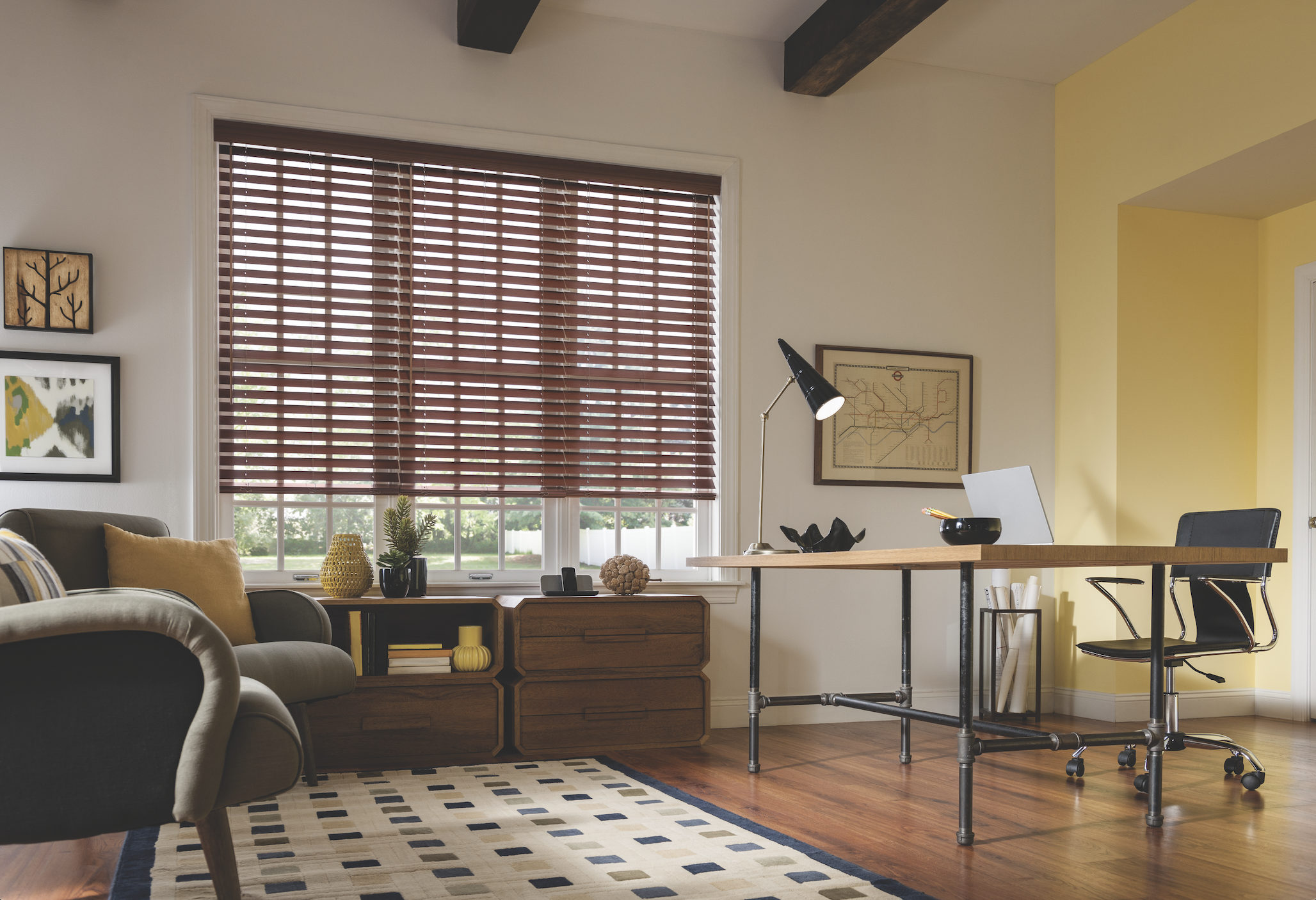 Mahogany faux wood blinds in a home office
